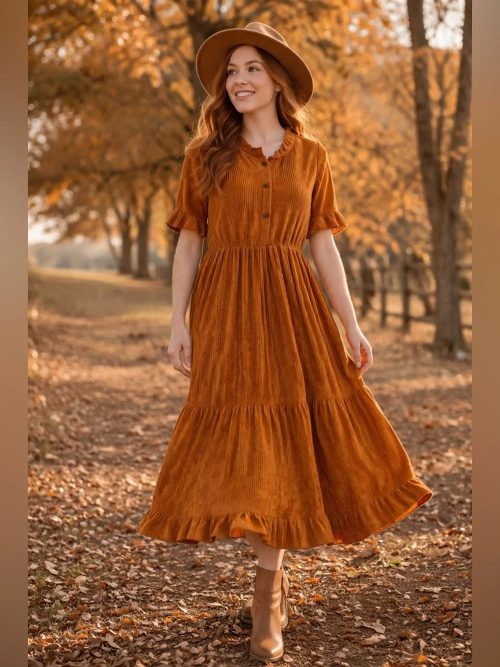 Ces Femme Rust Corduroy Midi Dress Ruffle Boho Prairie Kentucky Derby Style - Picture 1 of 5